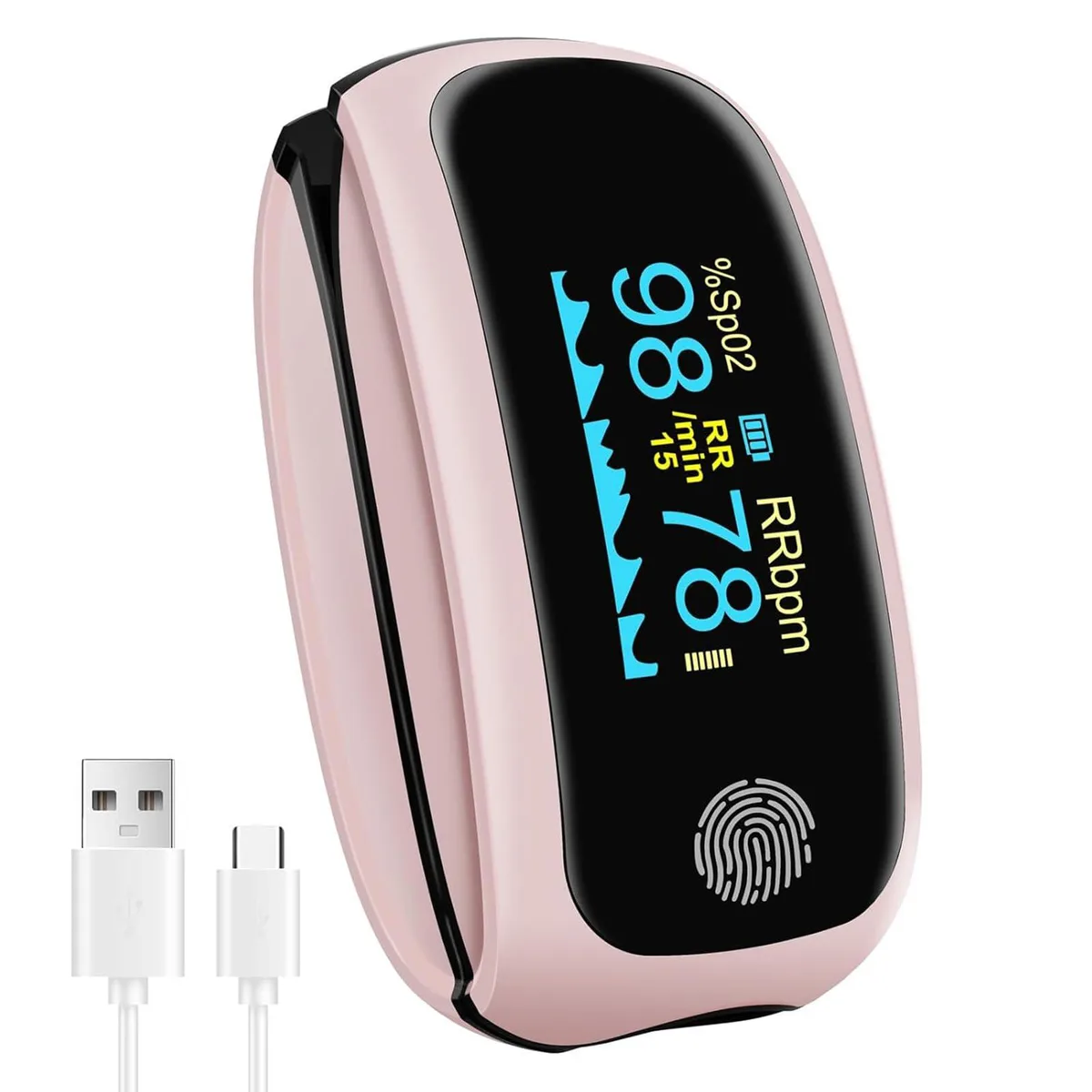 Pink fingertip pulse oximeter with OLED display and Type-C charging port