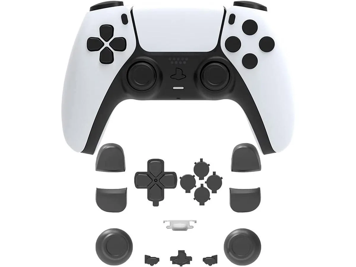 Black PS5 controller button replacement kit with textured ABXY, D-pad, triggers and thumbsticks