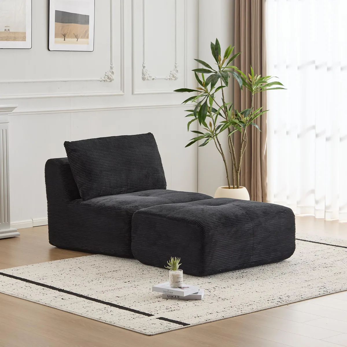 Black corduroy sectional sofa with movable ottoman and scatter cushions