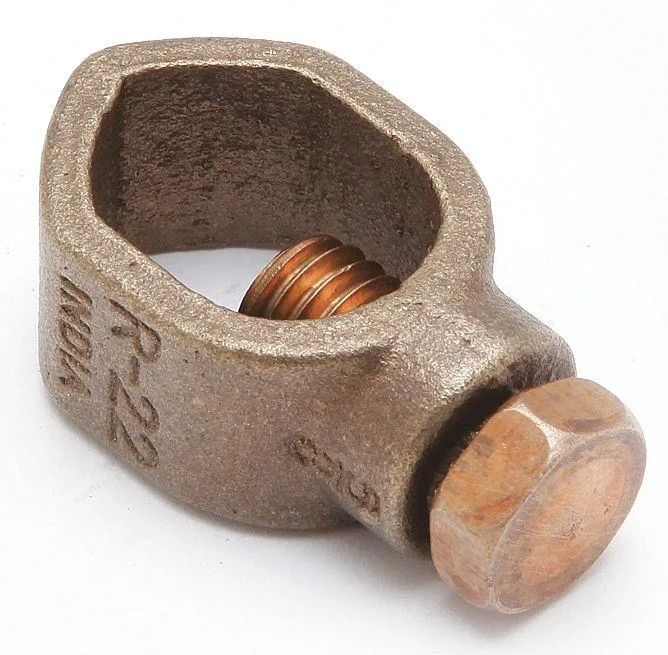 Five copper ground rod clamps for 5/8 inch rod, 10 to 3 AWG, UL467 listed
