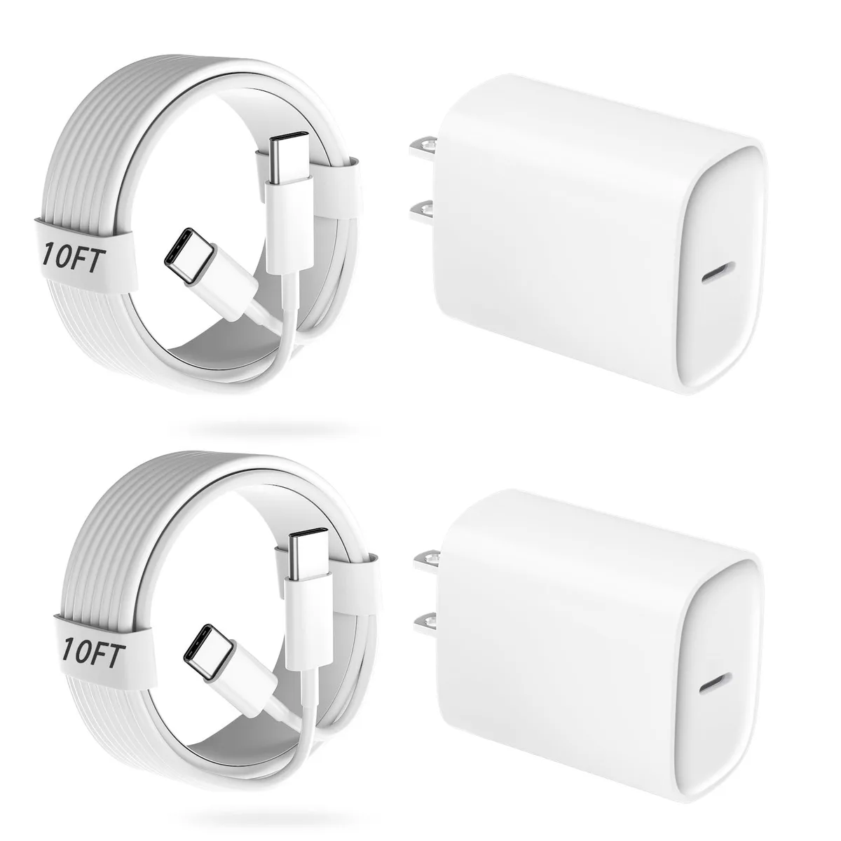 Two white USB-C wall chargers with two matching 10ft cables