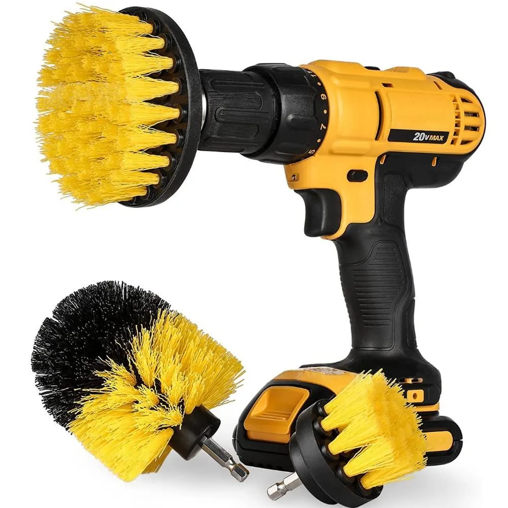 Three drill brushes: 4in flat, 3.5in bullet, 2.5in detailing, yellow bristles, 1/4in connectors