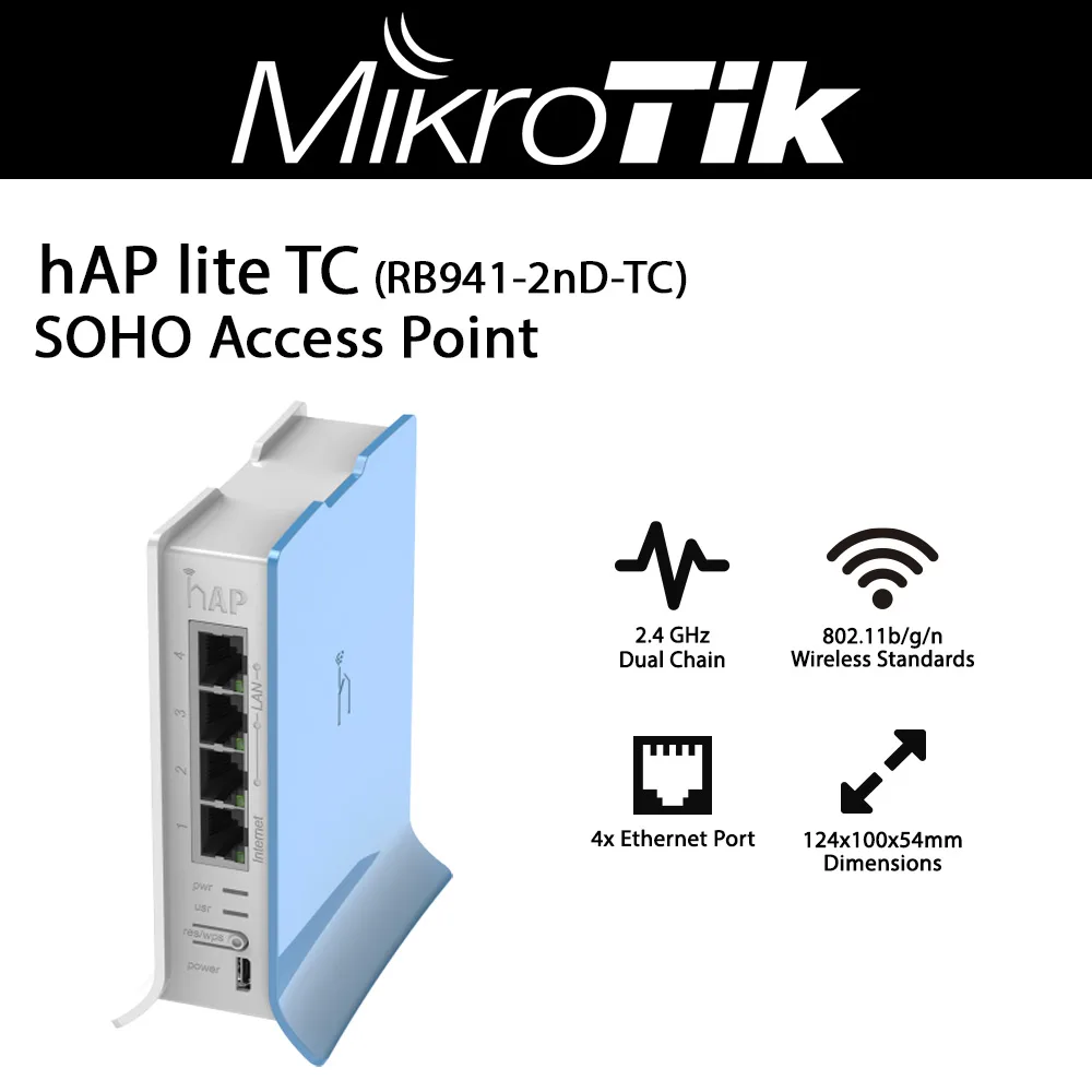 Mikrotik Mikrotik RB941-2nD-TC hAP Lite access point 650 MHz 32MB 4x 10/100 2.4GHz 802.11 b/g/n 2x2 OSL4 — product photo