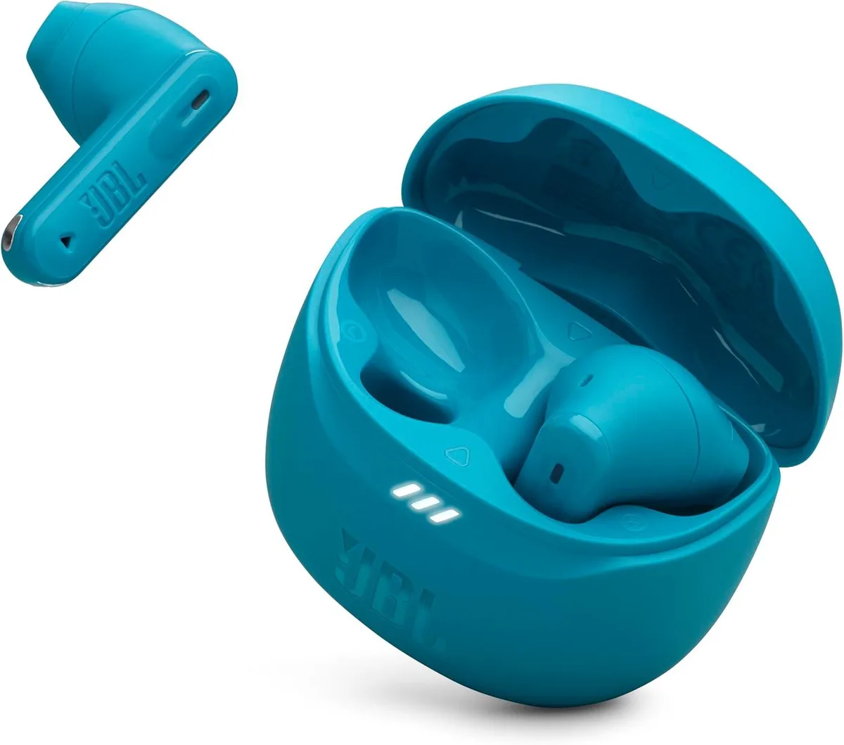Teal true wireless earbuds in charging case