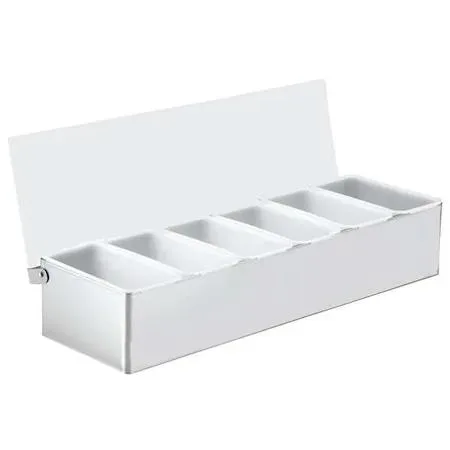 Silver stainless steel condiment holder, rectangular, six compartments with pint inserts, lid included