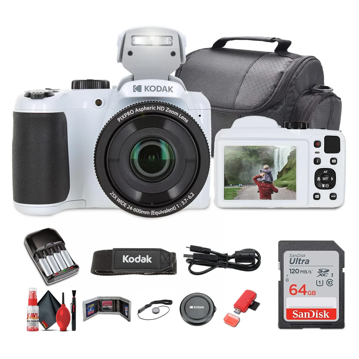 Kodak Kodak Pixpro AZ255 White Camera Kit with 64 GB Card and Accessories — product photo
