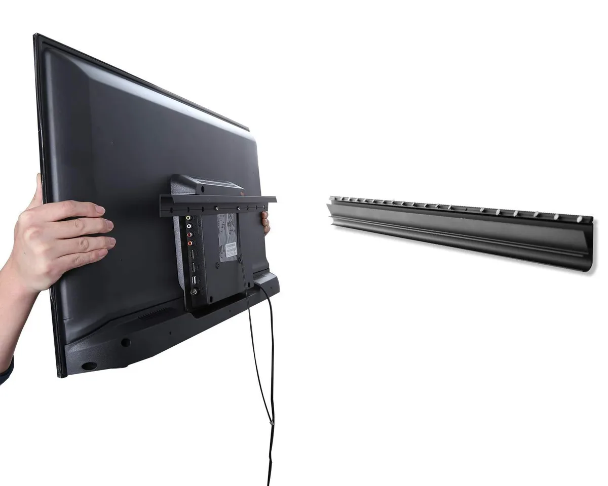 Black steel low-profile wall bracket with integrated bubble level and security cable