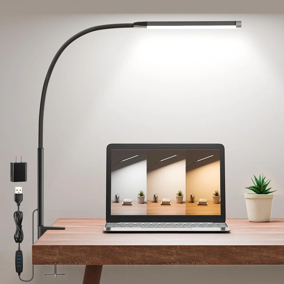 Matte black clamp desk lamp with 27 inch flexible arm and 11 inch LED head