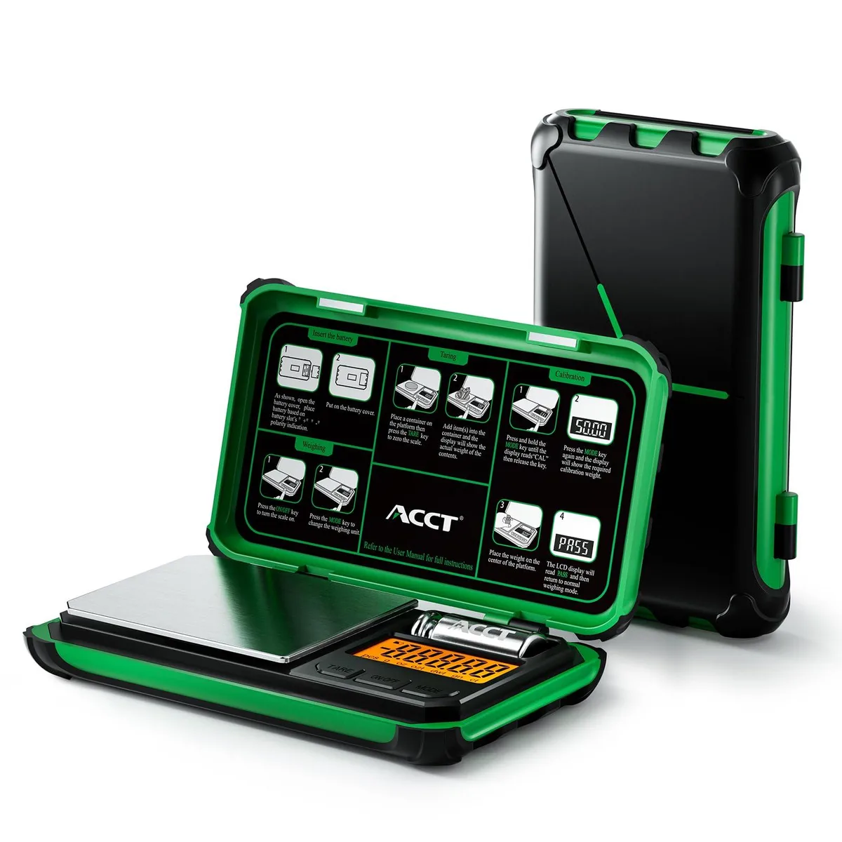 Blue plastic pocket scale with stainless steel platform and backlit LCD display