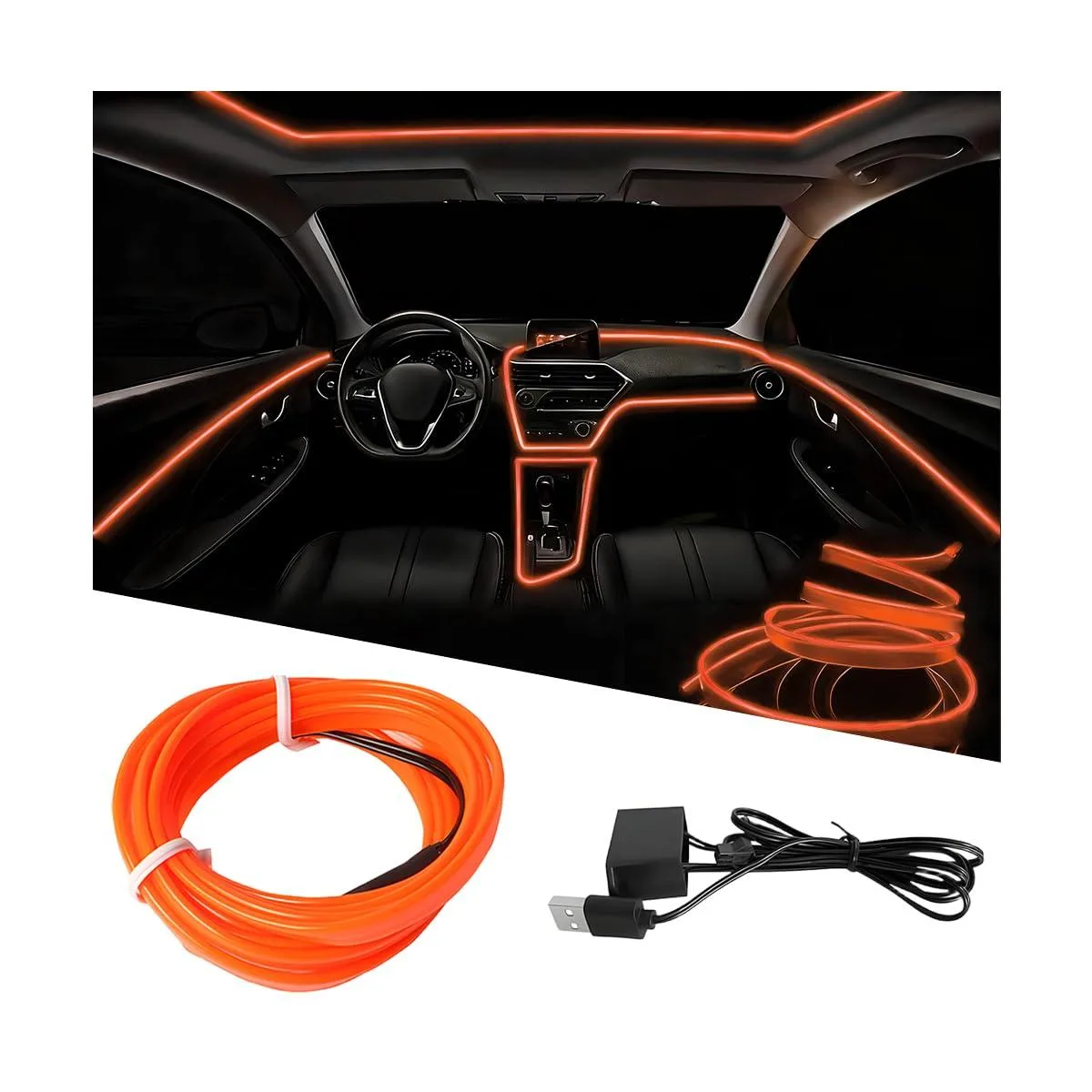  EL Wire Car LED Strip Lights 10FT 5V USB Orange Automotive Specialty Lighting — product photo