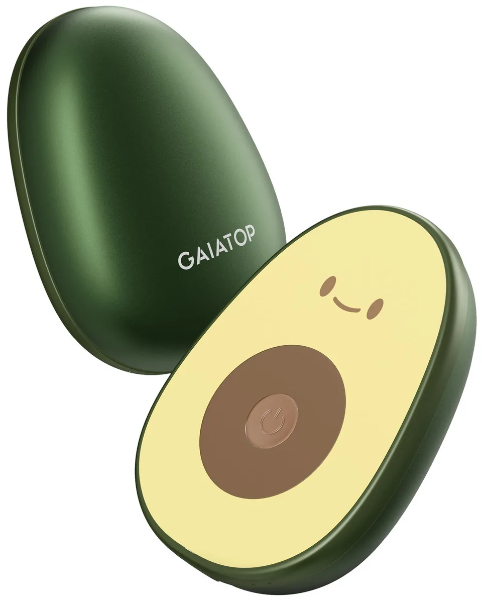 Two black avocado-shaped hand warmers with magnetic sides and indicator lights