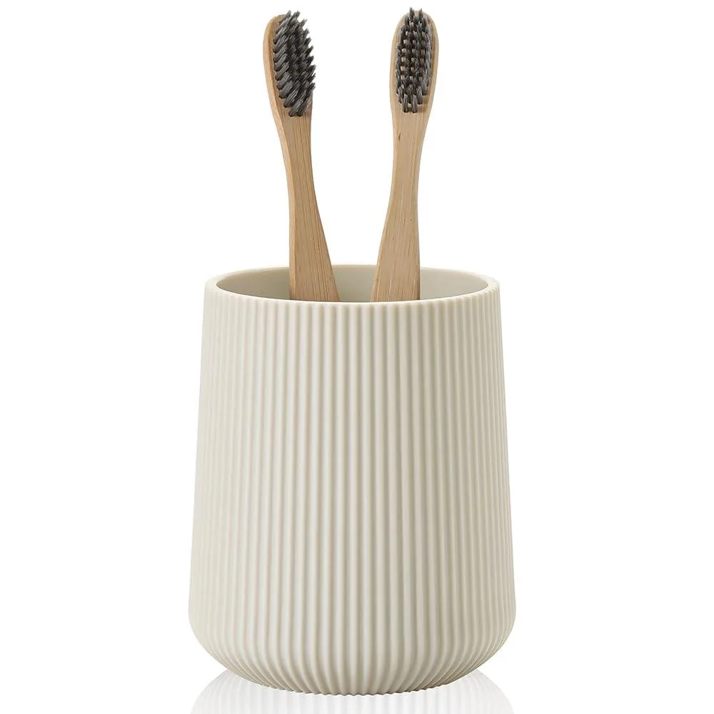 Matte beige striped toothbrush holder, compact ABS plastic cup with weighted base
