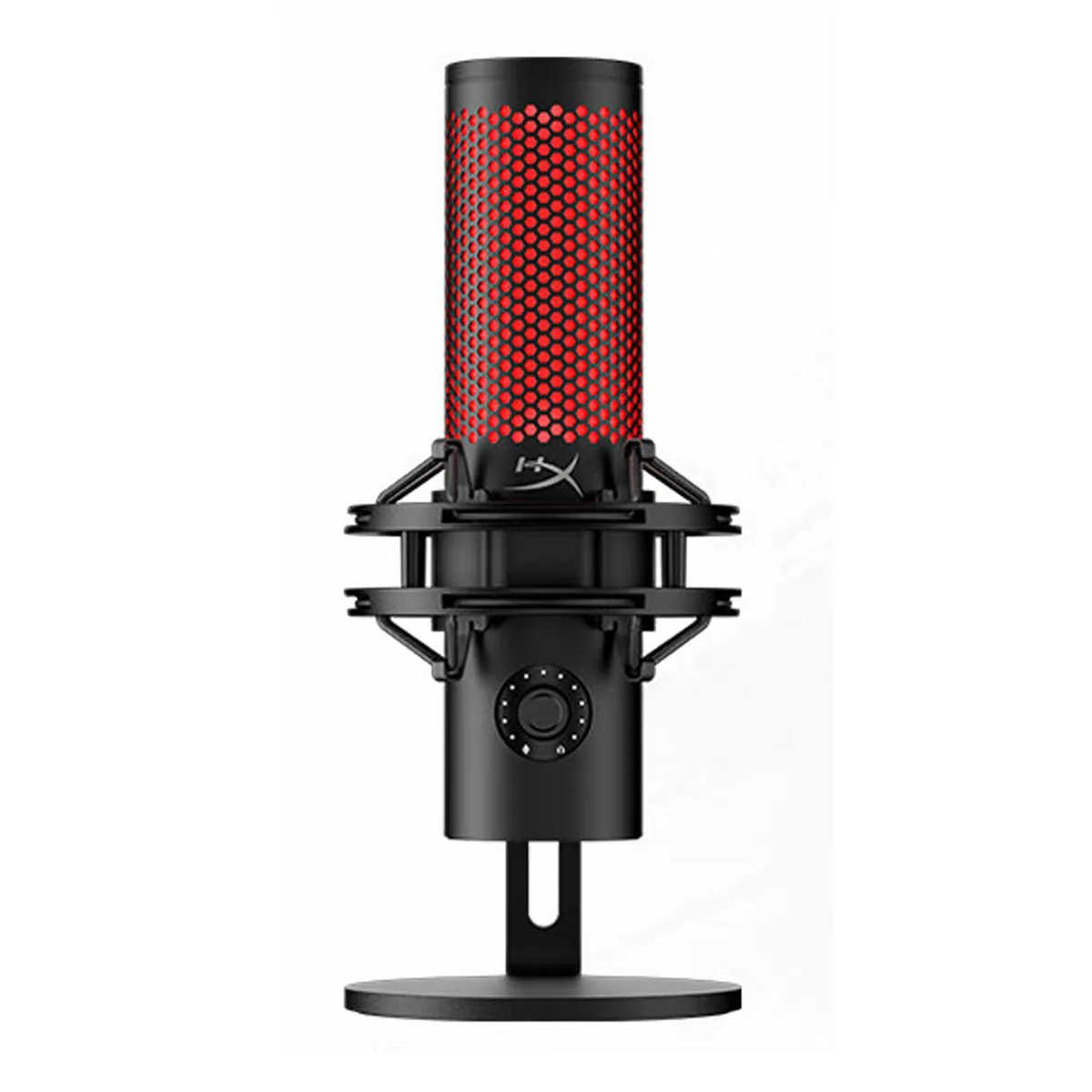 Black cylindrical USB microphone with integrated shock mount, red LED lighting and top-mounted tap-to-mute sensor