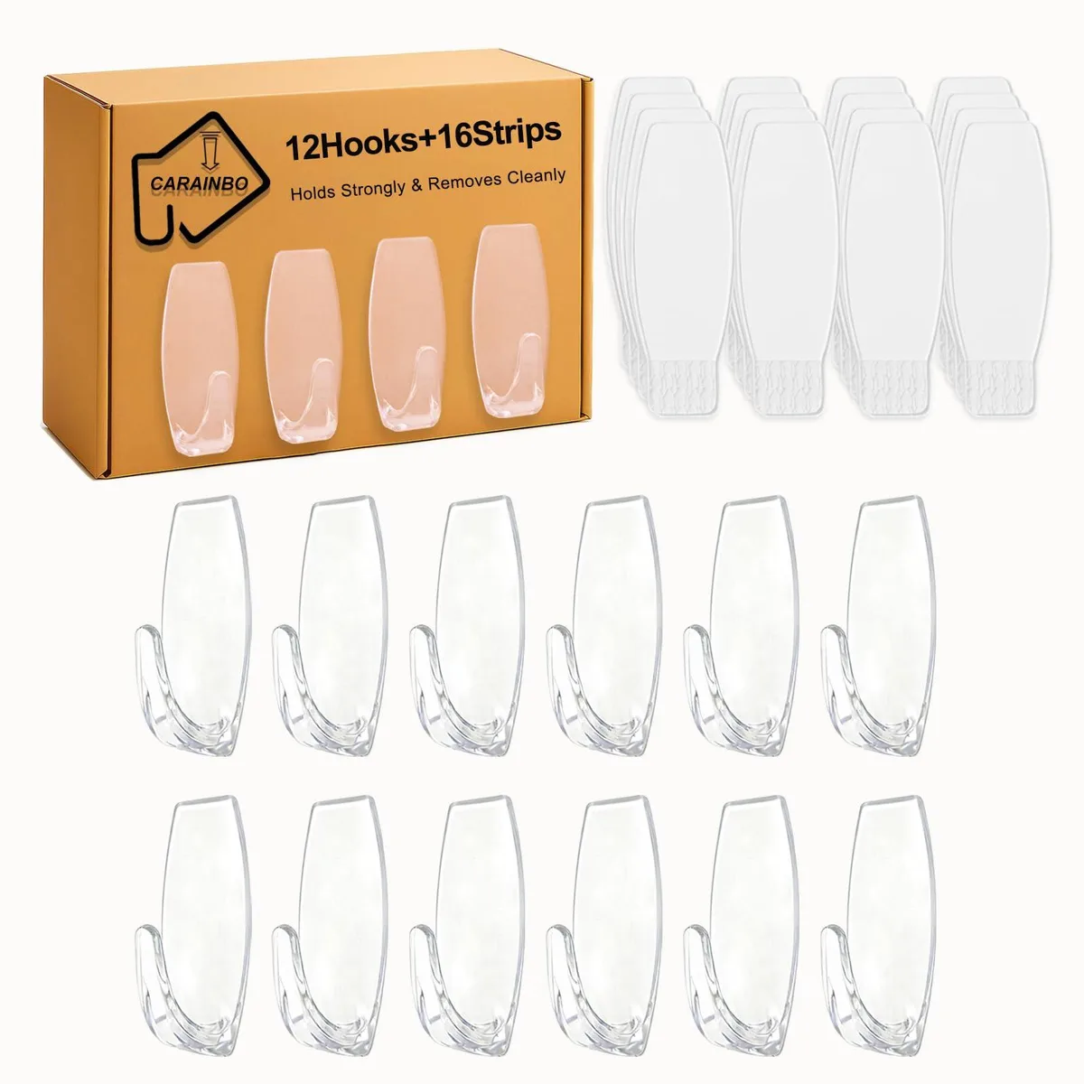 Twelve clear plastic hooks with sixteen adhesive strips
