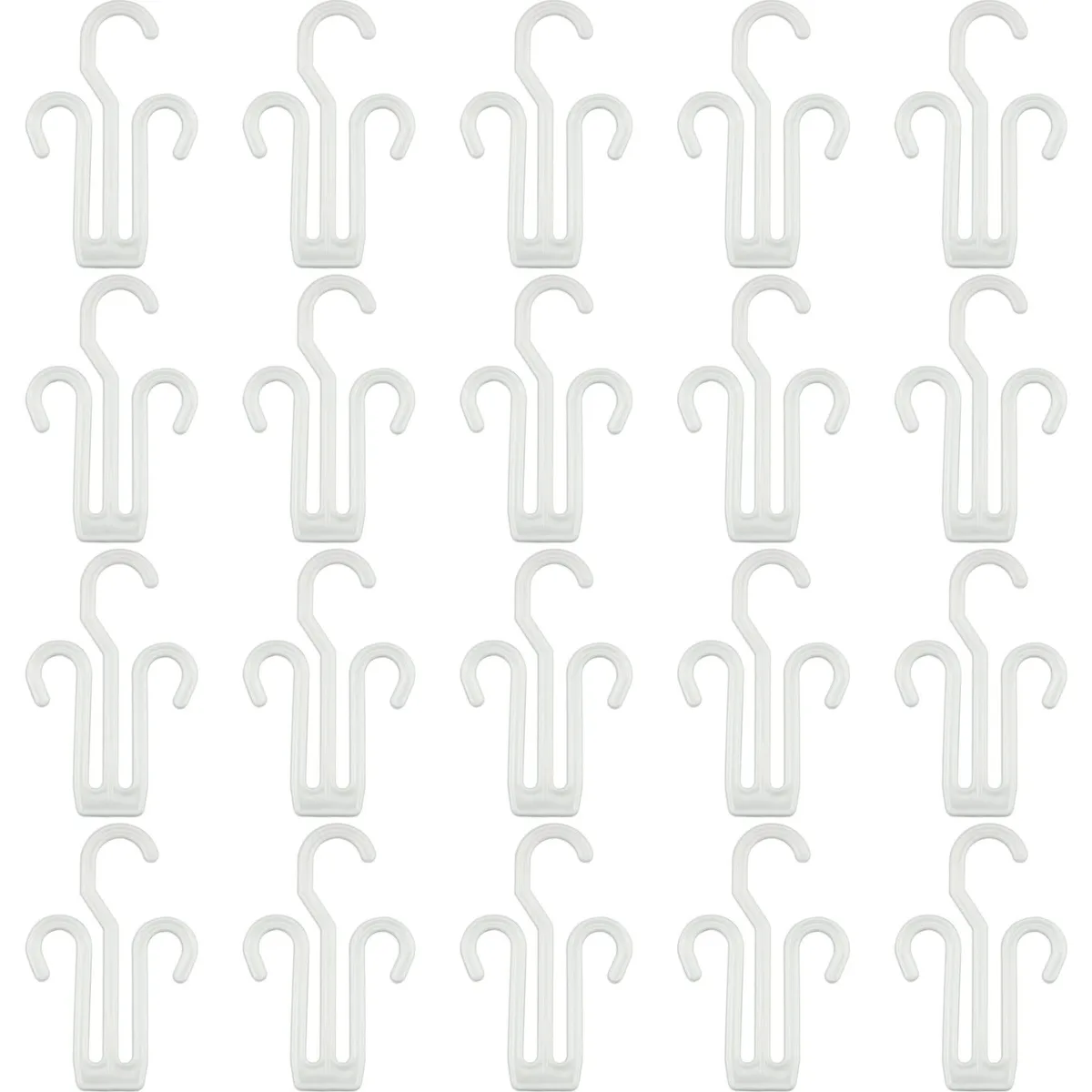 Twenty white plastic shoe drying hangers with dual hooks
