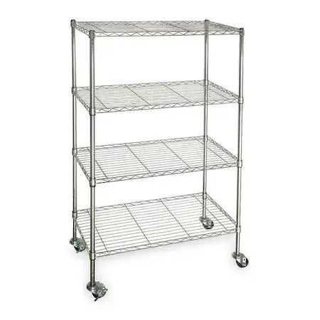 Chrome wire shelving cart with four adjustable shelves and four caster wheels