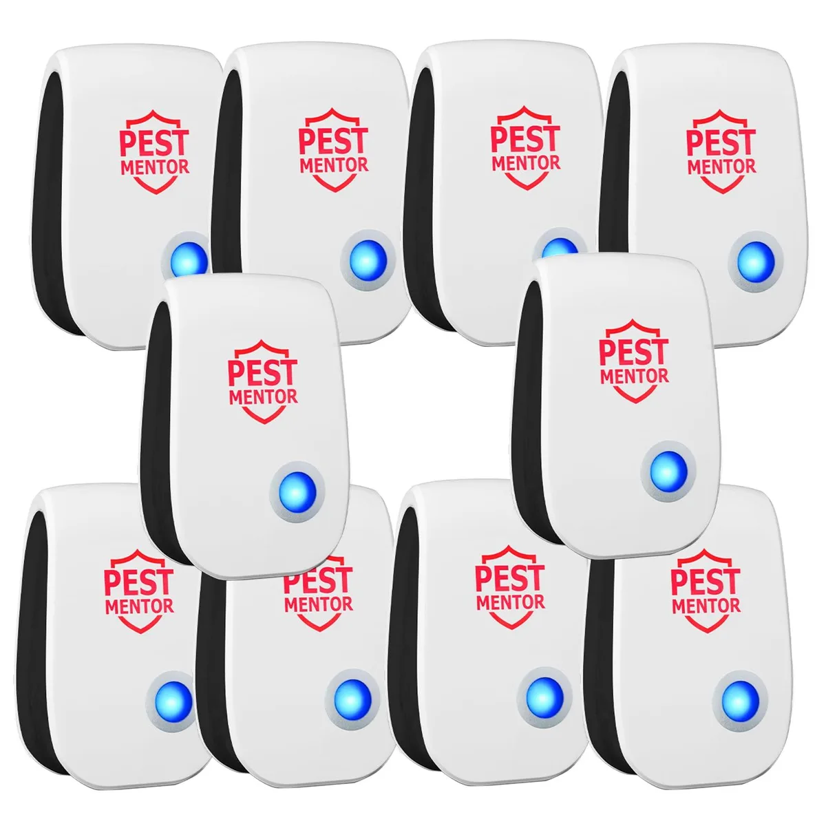 Ten white rectangular plug-in ultrasonic pest repellers with blue indicator lights