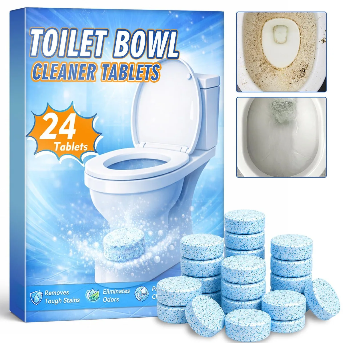 Pack of 24 blue toilet cleaner tablets in blister wrap