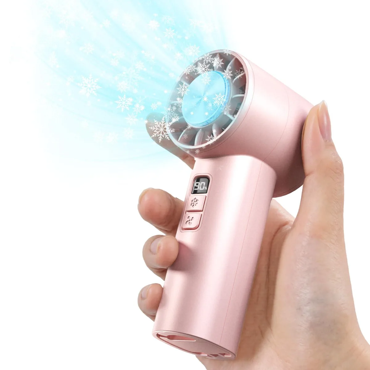 Pink metal handheld fan with silver blades, digital display and button controls