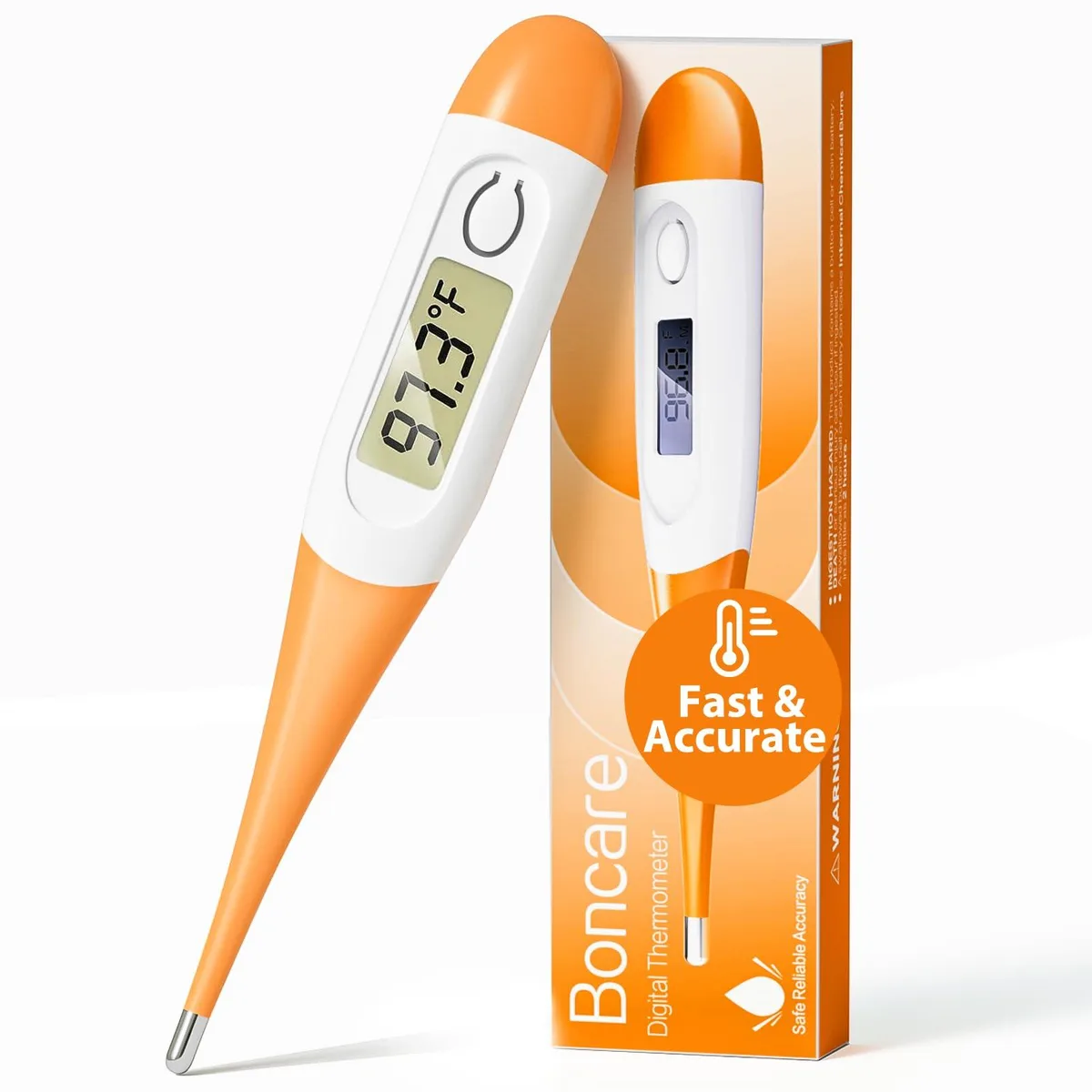 Orange digital thermometer with flexible tip, LCD screen, and protective case