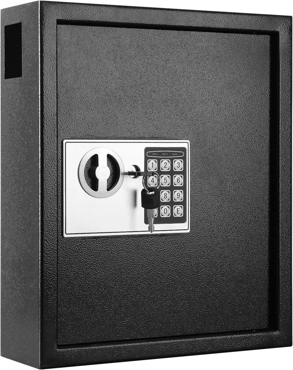 Black wall-mounted digital key safe with keypad, 14.3 by 12 by 3.94 inches, holds 60 keys