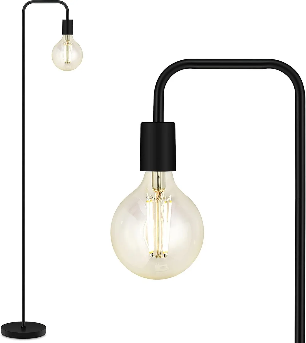 Matte black metal floor lamp, 63 inch pole, exposed E26 socket, footswitch on cord