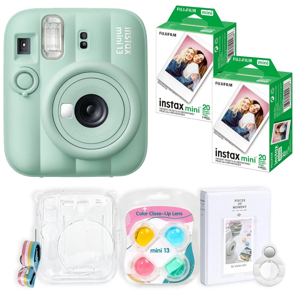Green Instax Mini 13 instant camera with wrist strap and film packs