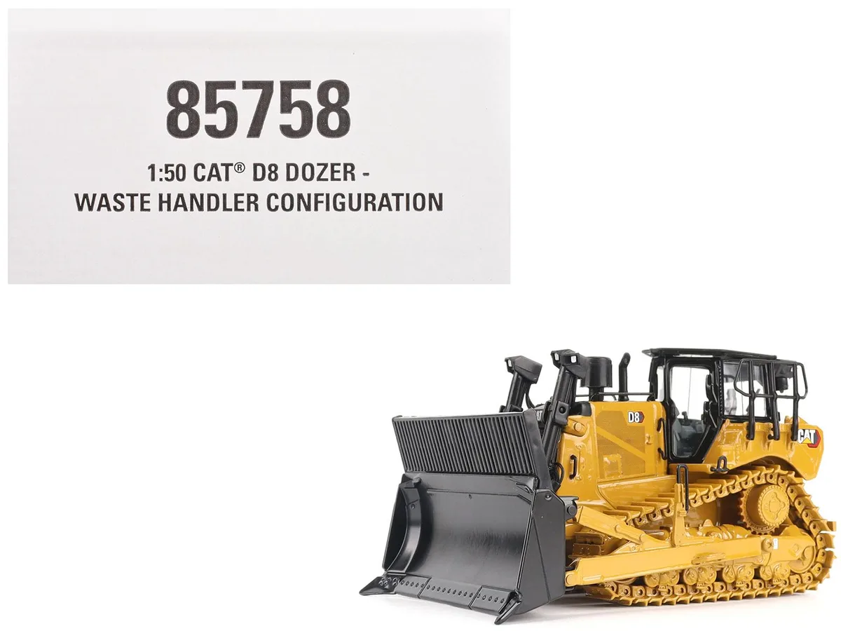Yellow 1/50 scale diecast CAT D8 waste handler dozer with metal tracks, detailed cab