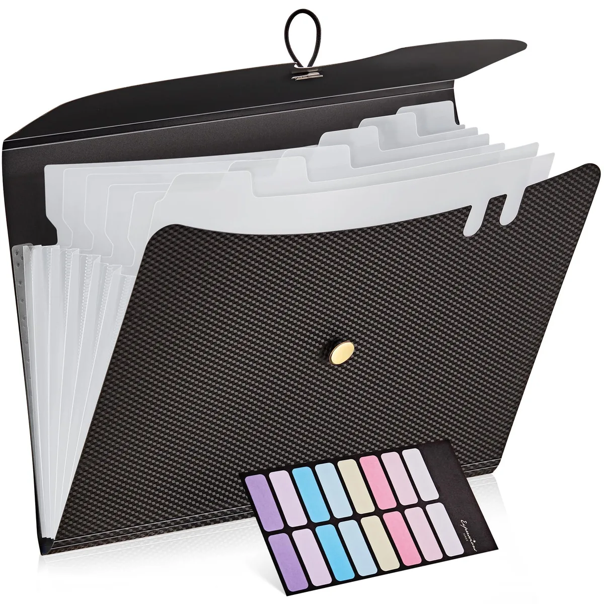 Black plastic A4 expanding file folder with seven pockets and snap closure