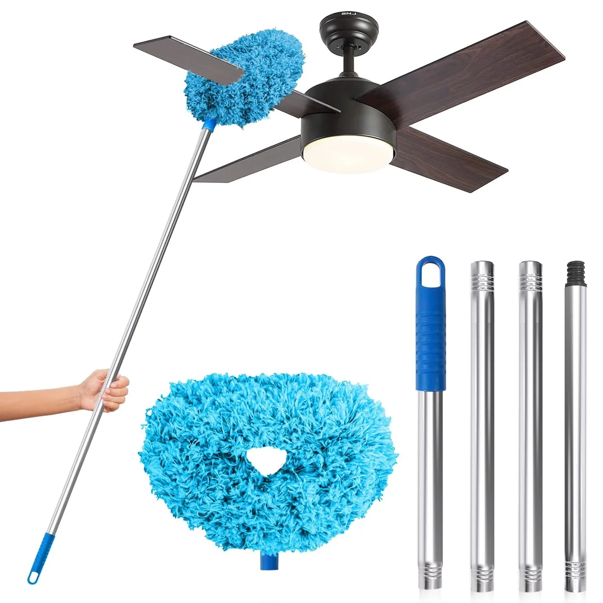 Blue microfiber duster head on a silver telescopic pole with four detachable sections, hanging hole at the end