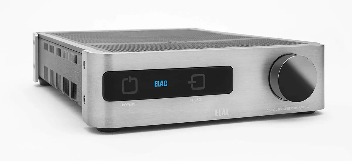Silver wireless integrated amplifier, compact rectangular form factor, 8.5 kg