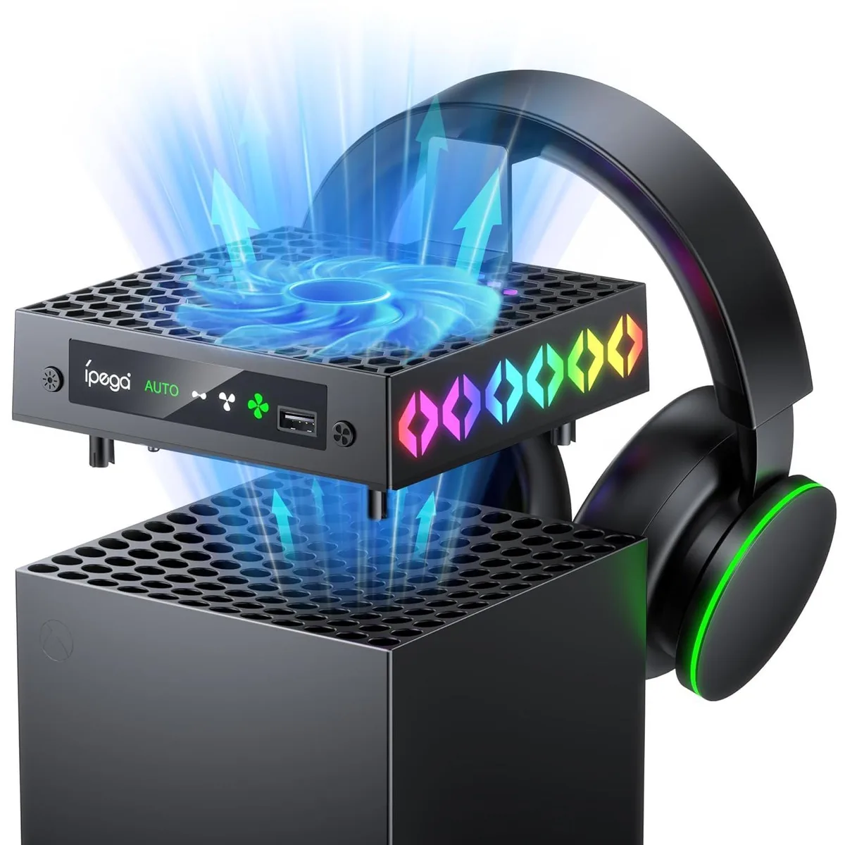 BONAEVER BONAEVER Cooling Fan for Xbox Series X with RGB Lights, Headset Holder, USB Port, Black — product photo