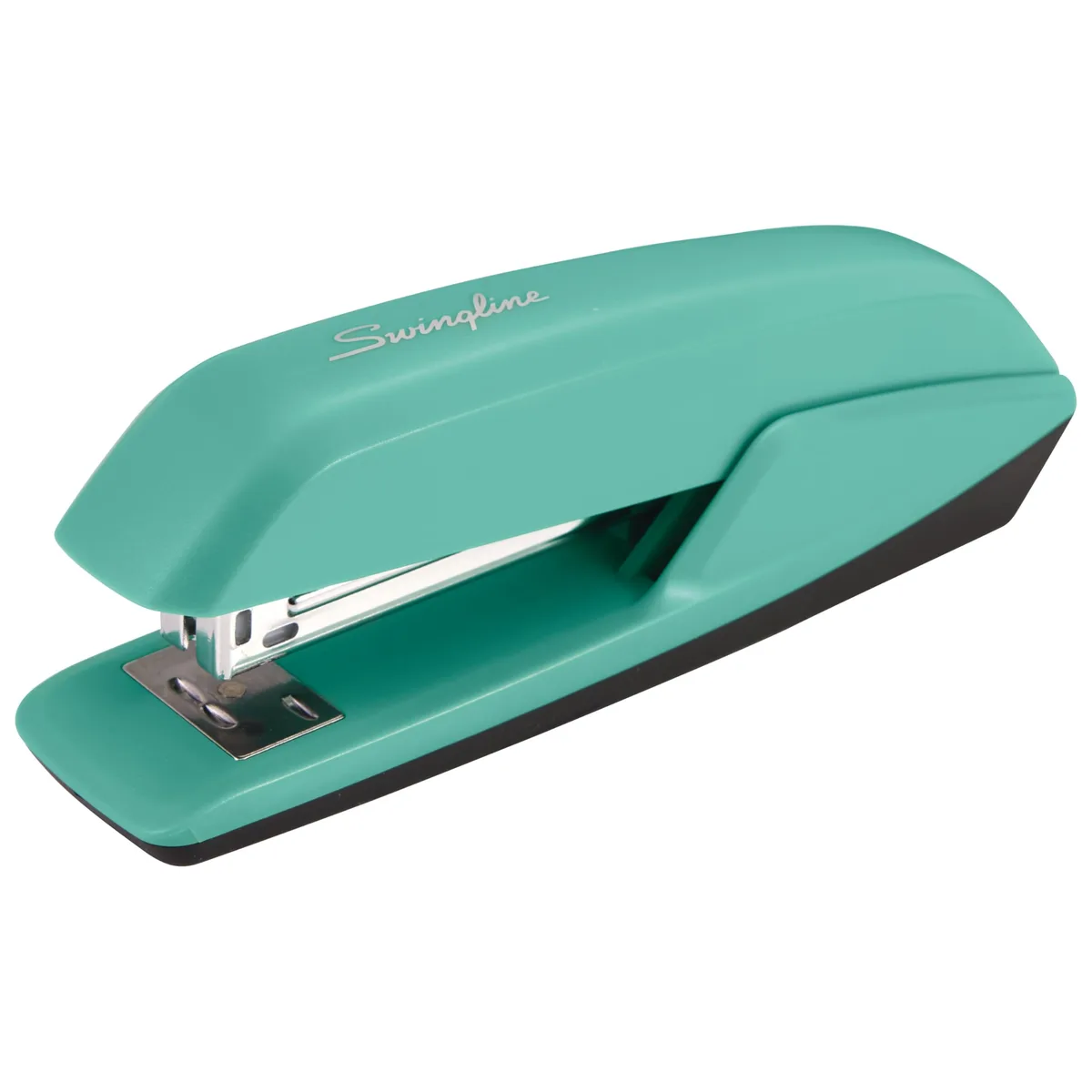 Spring green desktop stapler, compact plastic body, manual operation, low staple indicator visible
