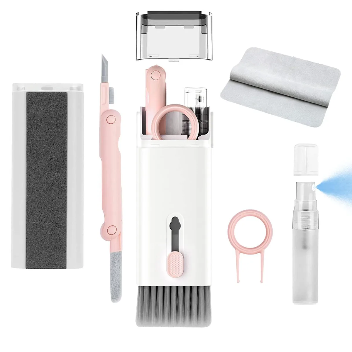 Pink 8-in-1 electronic cleaning kit with brushes, pen, spray bottle and cloth