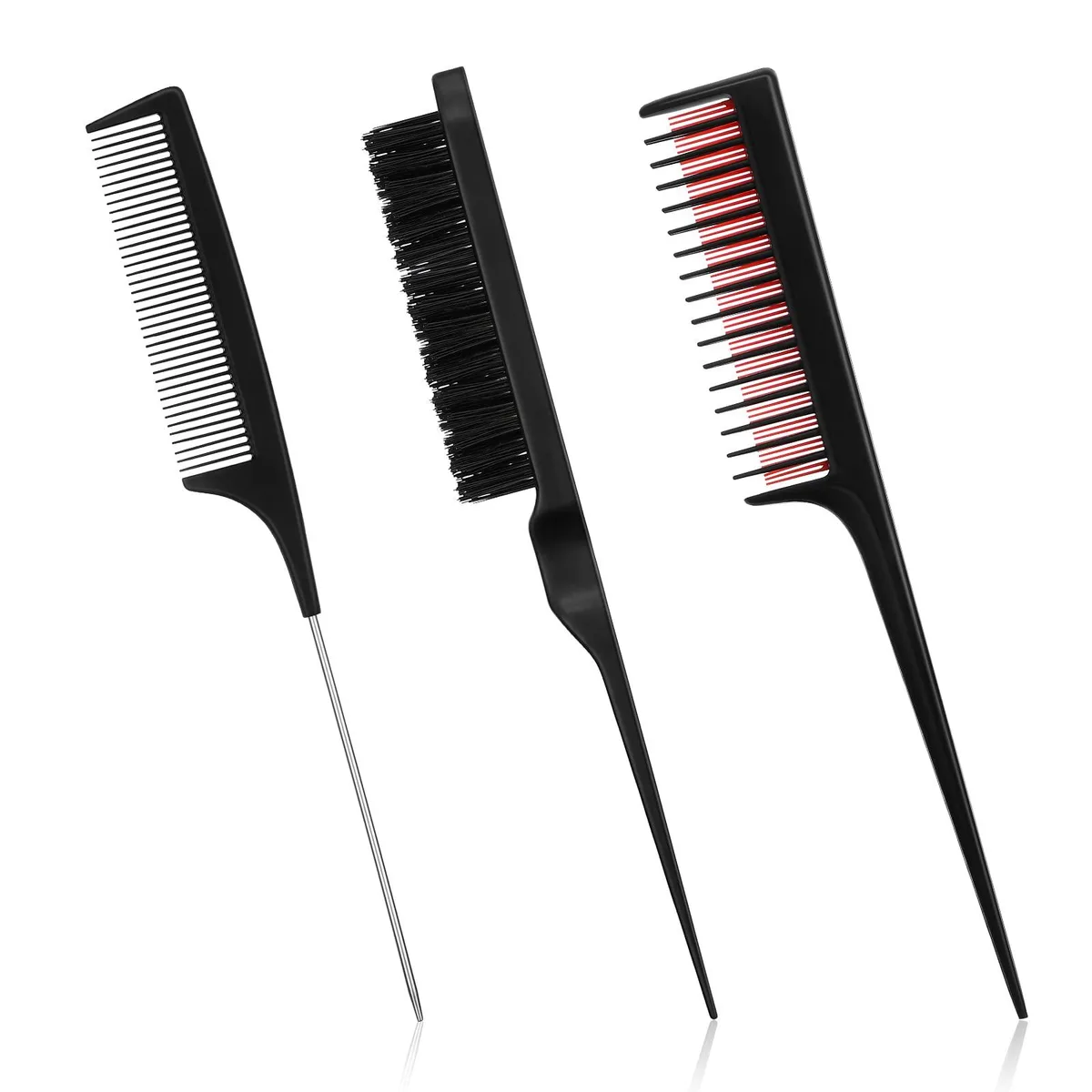 Black three-piece hair styling set with teasing brush, rat-tail comb and triple comb