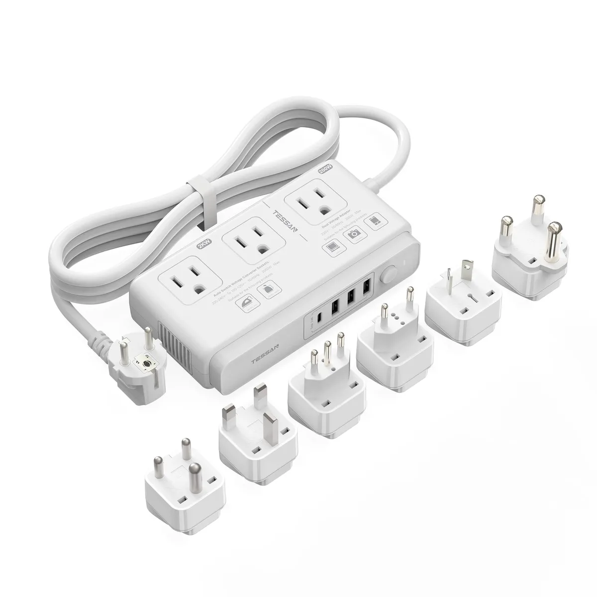 White rectangular voltage converter with DE plug and multiple international adapter pins, three AC outlets and four USB ports