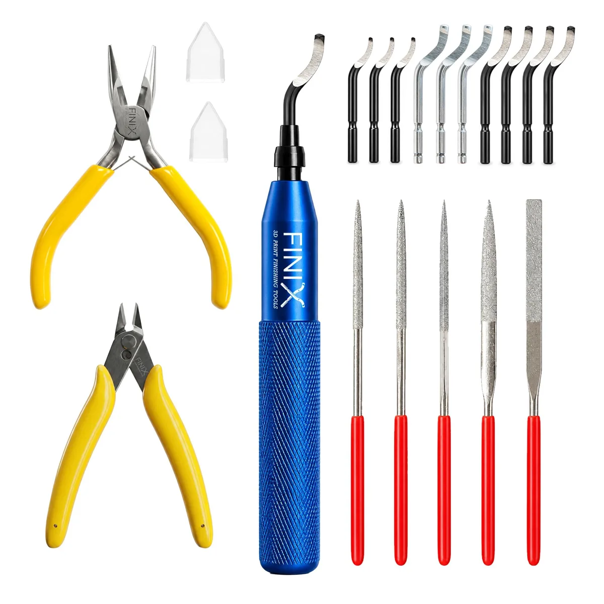 19-piece 3D printing deburring kit with thick knurled handle, 11 HSS blades, diamond files, flush cutters and needle-nose pliers