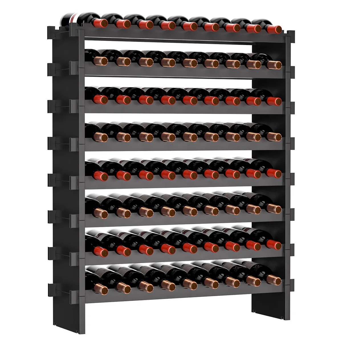 Black bamboo floor-standing wine rack, rectangular, eight tiers holding seventy-two bottles