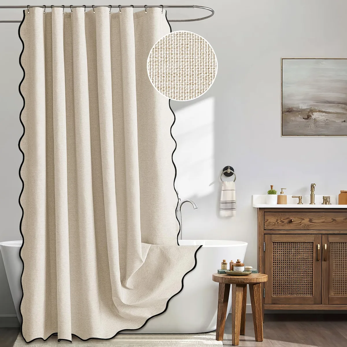 Cream scalloped shower curtain with black trim and 12 metal hooks