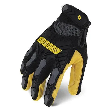 Pair of black and yellow mechanics gloves with reinforced palms and knuckle guards