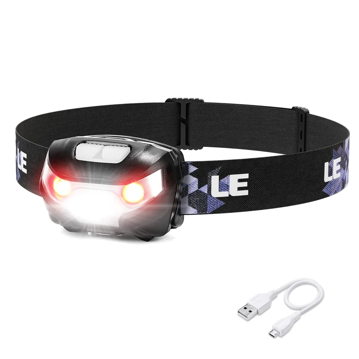 Black rectangular headlamp unit with adjustable strap and USB-C port