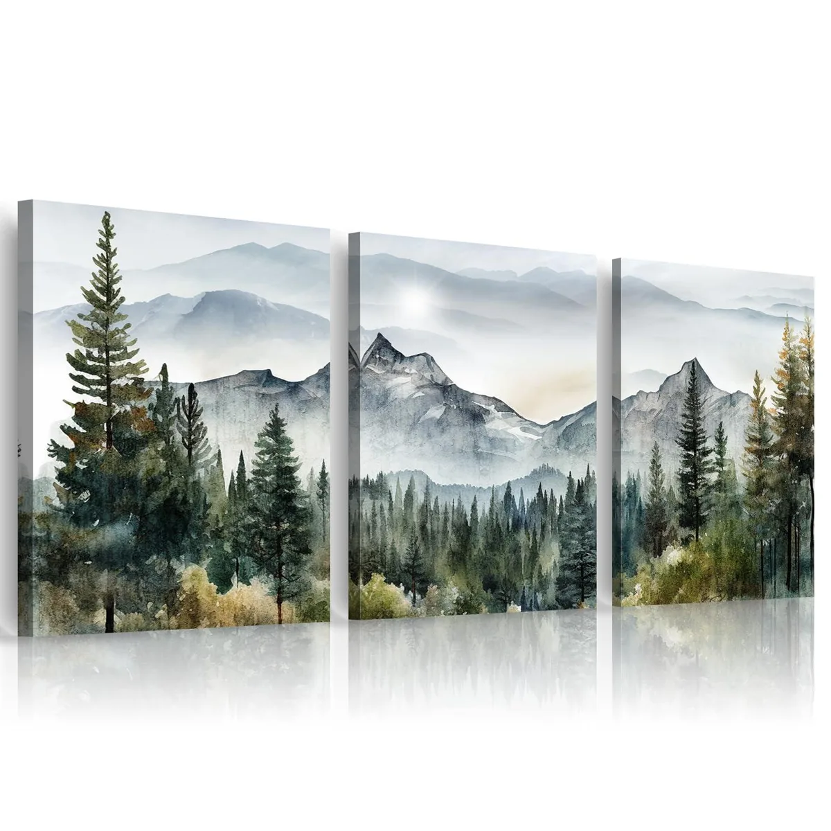 Three framed canvas panels 16 by 24 inches wood frames polished finish ready to hang
