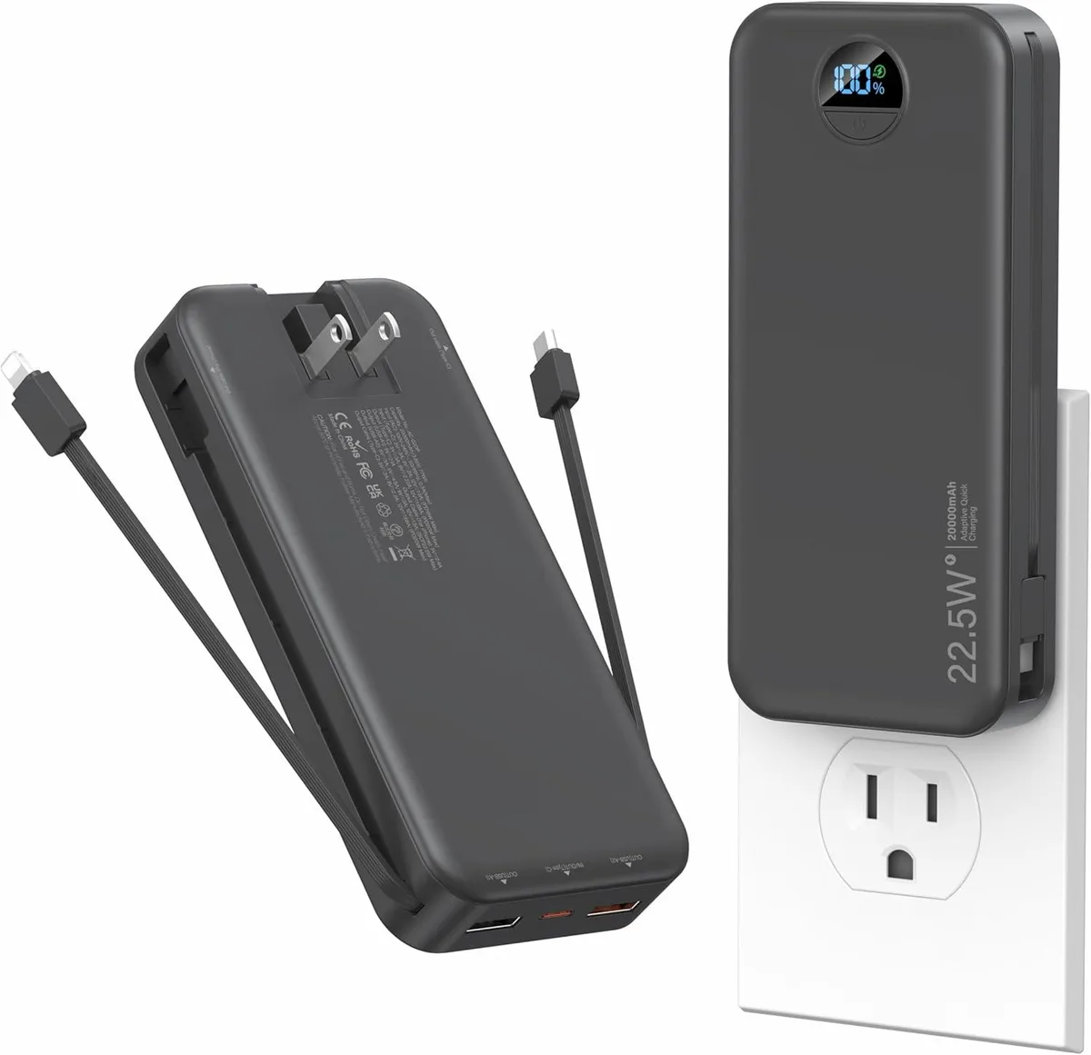 WOOJONG WOOJONG 20000mAh power bank with wall plug, built-in cables, digital display — product photo