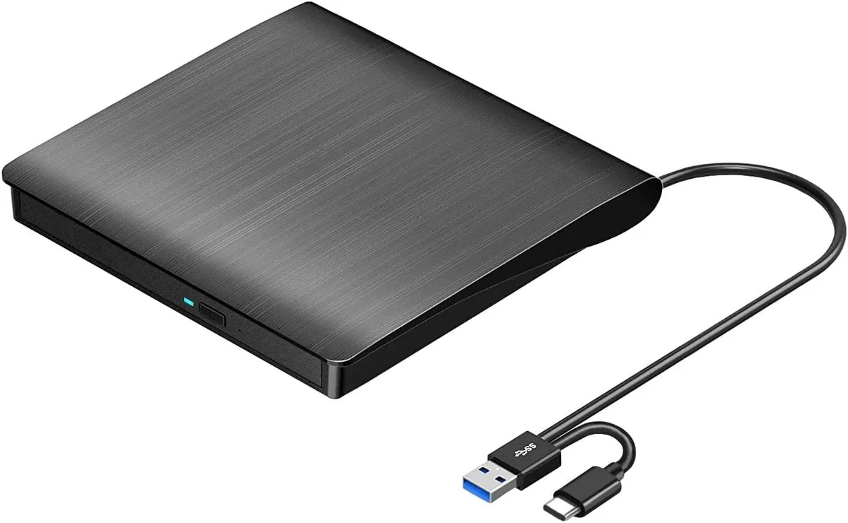 Slim rectangular external optical drive with USB 3.0 and USB-C cables