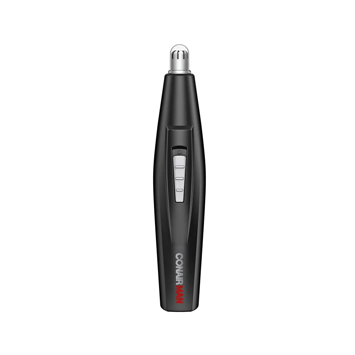 Black battery-powered nose and ear trimmer with five heads and protective cap