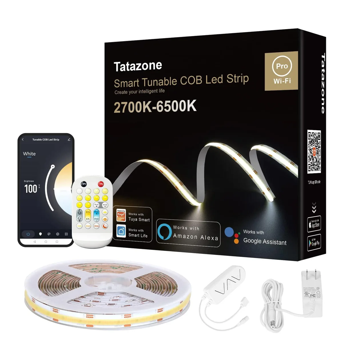 White flexible COB LED strip on a reel, 9.84ft length with adhesive backing