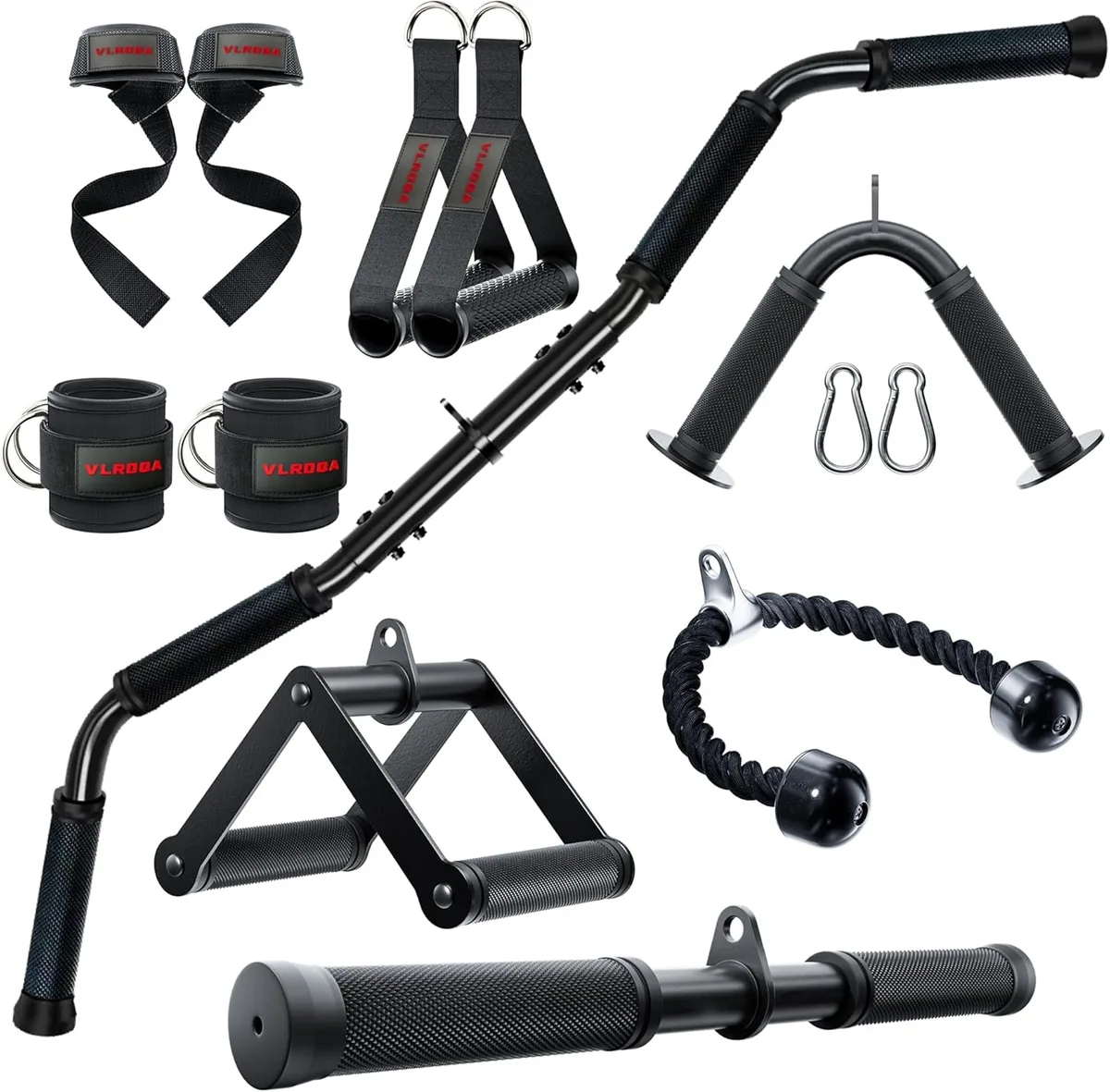 A set of steel cable attachments with rubber grips, chrome bars, and nylon straps on a plain background