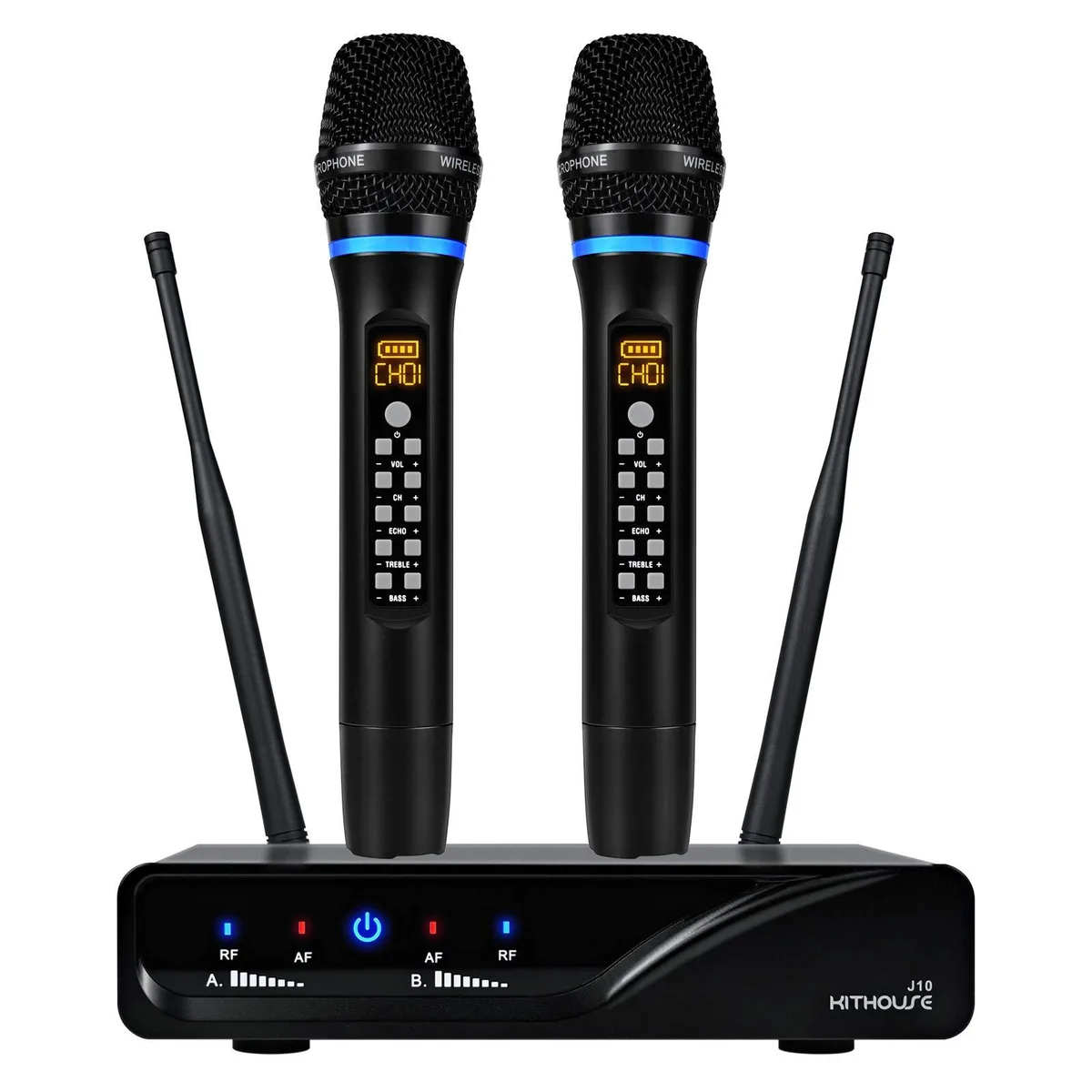 Two silver metal wireless handheld microphones with control knobs and a black receiver box with antennas
