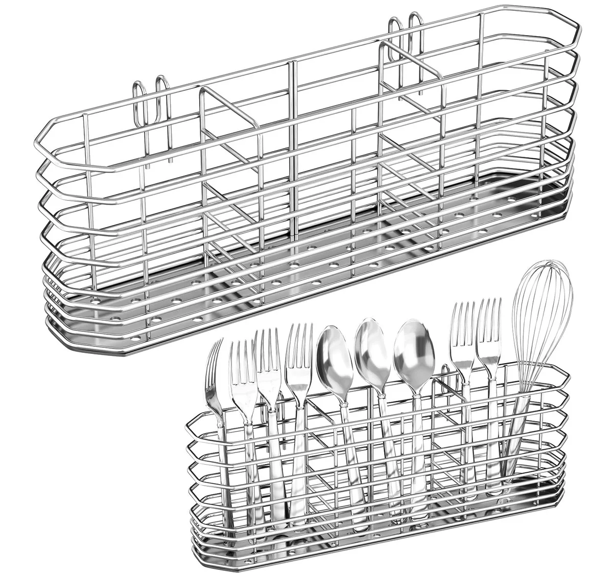 Rectangular 304 stainless steel utensil holder with three compartments, drainage holes, and two rear hooks
