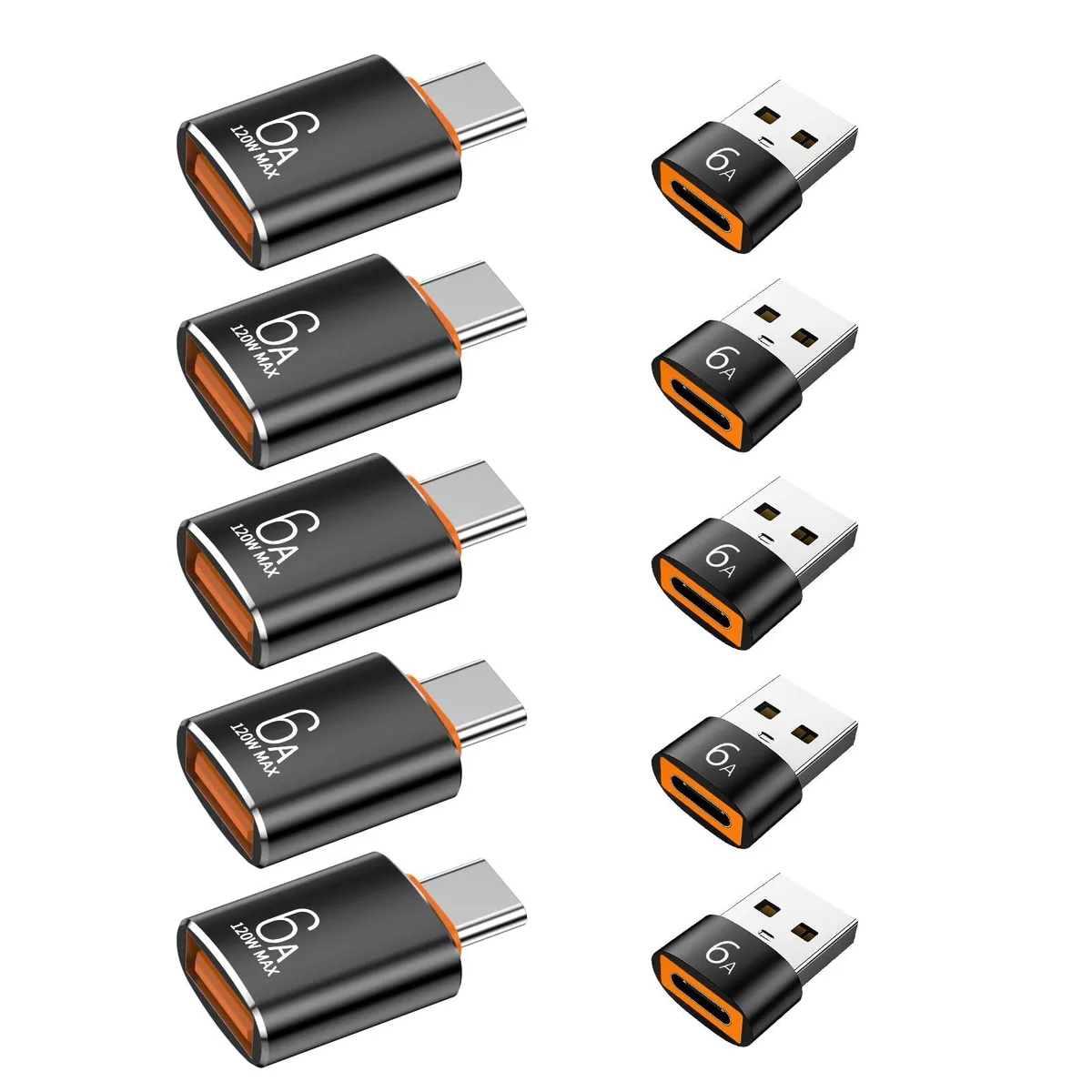 Ten black aluminum USB adapters, five each of USB-C male to USB-A female and USB-A male to USB-C female